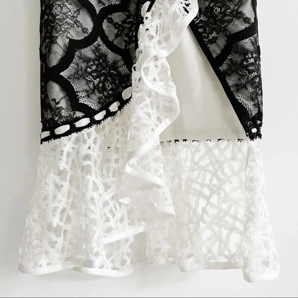 Alexis Emily Black and White Lace Ruffle Cap Sleeve Midi Dress with Side Slit XS - Picture 10 of 16